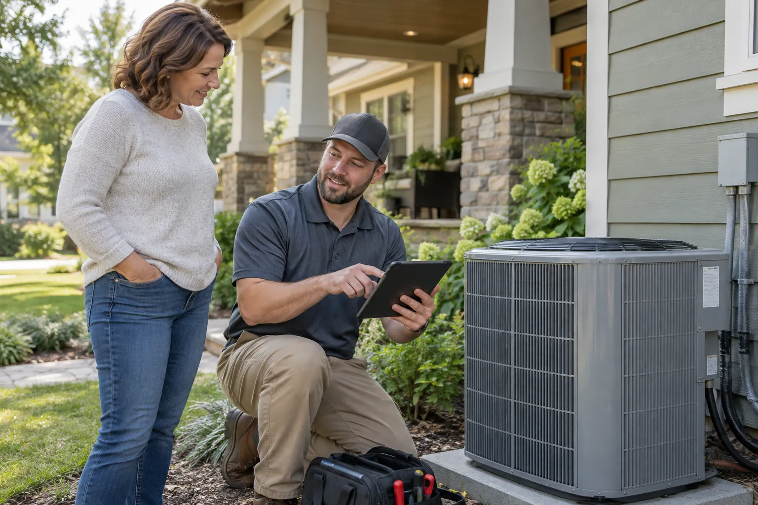 A provider checking an AC system while a homeowner looks on in the Vancouver area